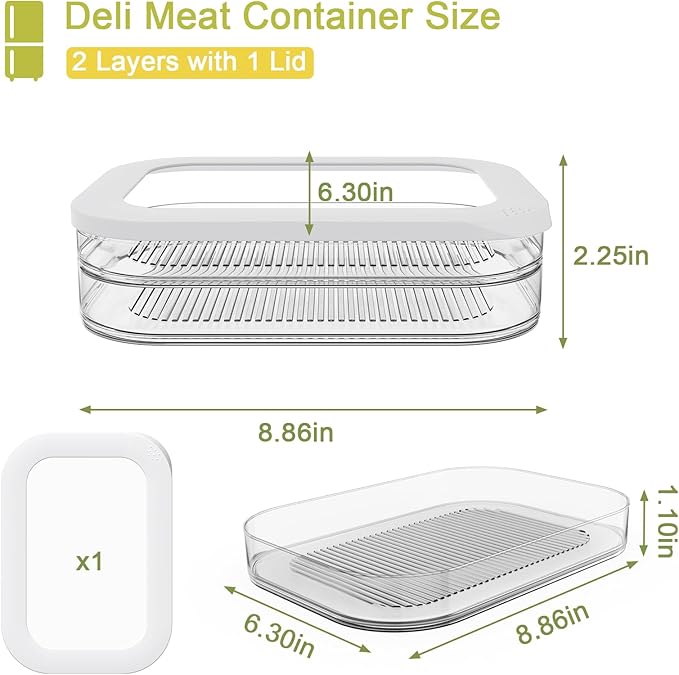 Stackable Deli Meat Container with Drainage Groove and Silicone Lid, Clear Refrigerator Storage Containers for Lunch Meats, Cold Cuts, Bacon, Cheese, BPA Free - 2 Layer