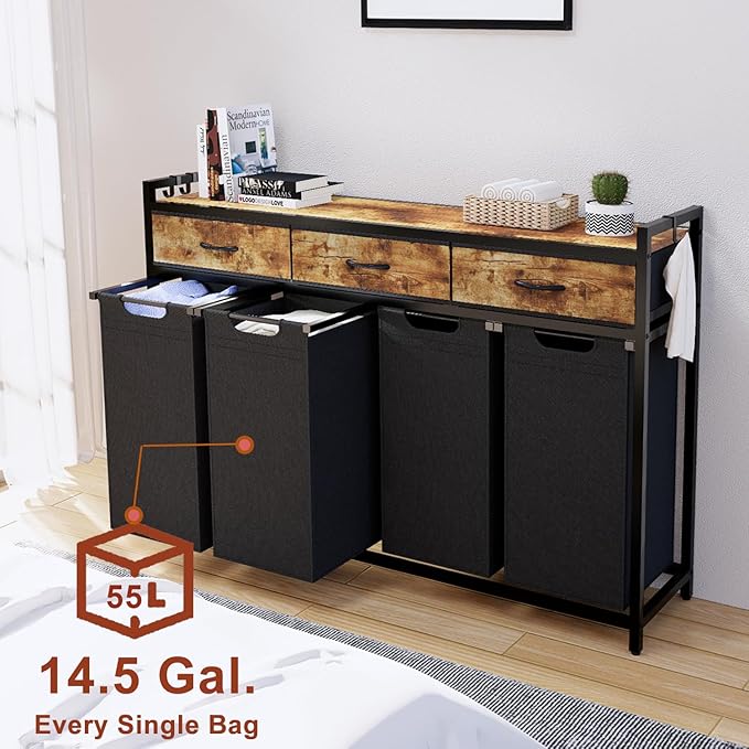 Laundry Hamper, Laundry Sorter 4 Sections, Rolling Laundry Basket with Wheels, 3 Drawers, 4 × 14.5 Gal (55 L), Pull-Out and Removable Oxford Fabric Bags, Black and Rustic Brown
