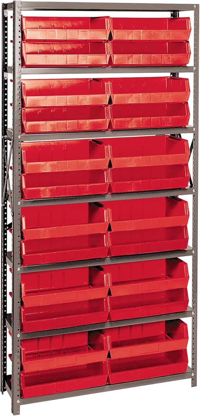 Quantum Storage Systems QSBU-245RD Solid Heavy Duty 7 Shelves 24 Ultra Stack & Hang Red Bins 75" H x 36" W x 12" D