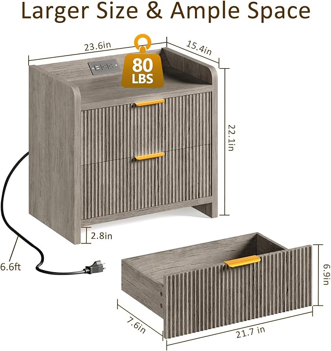 Fluted Nightstand with Charging Station, 23.6" Modern Night Stand with 2 Drawers, Side Table with Storage, Bedside Table for Bedroom, Living Room, Grey