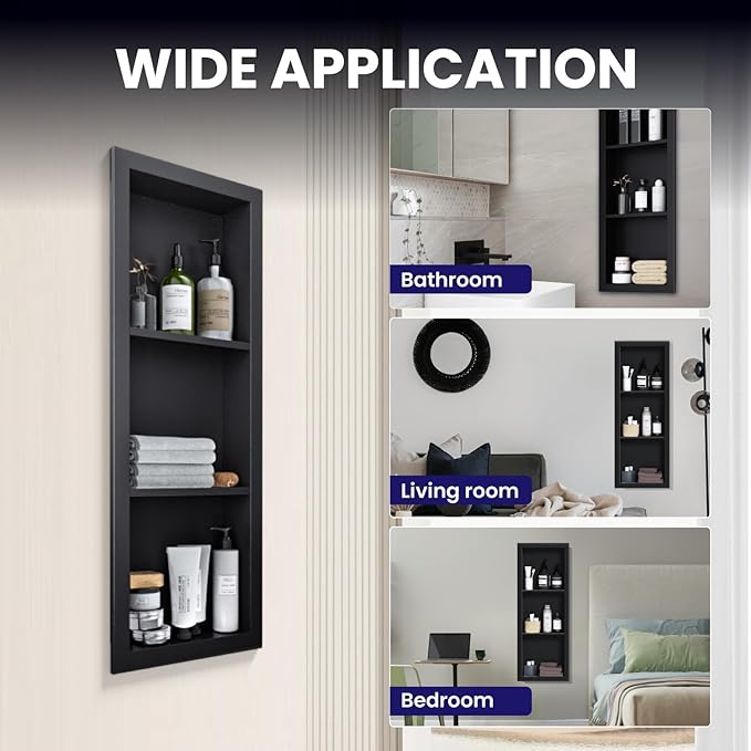 12" x 36" Stainless Steel Shower Niche, 3-Tier Waterproof Shelves, No-Tile Needed Bathroom Organizer, Rustproof Wall Shelf for Shampoo, Soap & Toiletries, Black