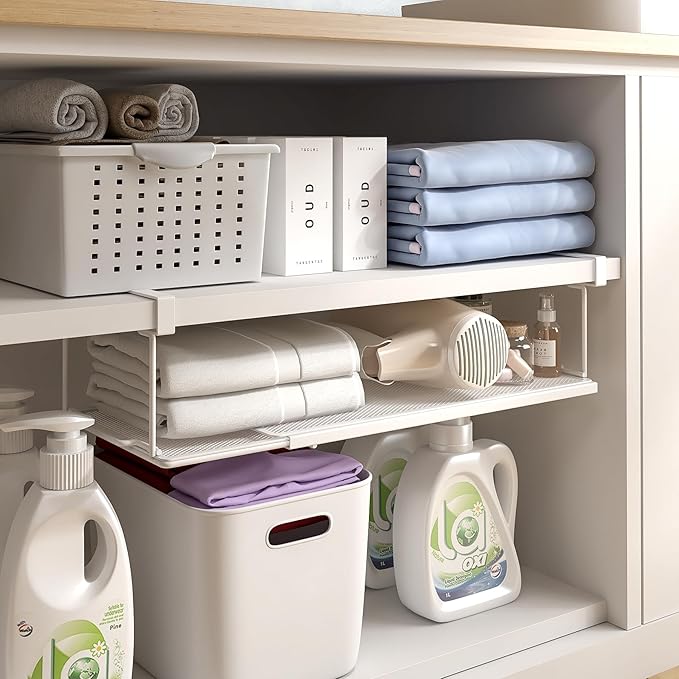 Expandable Under Cabinet Shelf, Extendable Under Shelf Storage with 0.94 Inches Thick Clips for Shoe Rack, Pantry Cabinet, Laundry Room. (White, 2 Pack, Interior: 6" H x 8.26" D)