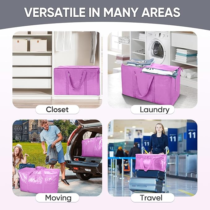TICONN 2 Pack Extra Large Moving Bags with Zippers & Carrying Handles, Heavy-Duty Storage Tote Moving Boxes for Space Saving (2 Pack, Pink)