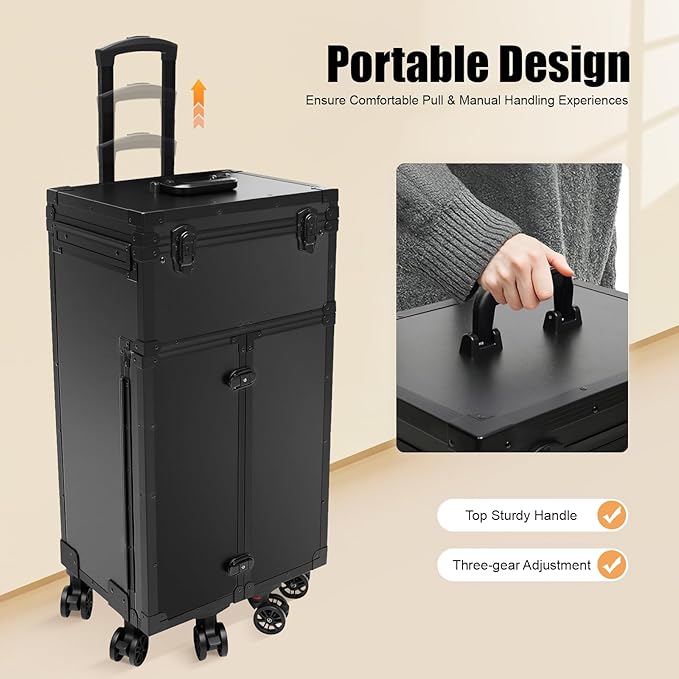 Cosmetic Train Case,Makeup Organizer Travel Case with Multiple Compartments,Rolling Makeup Case,Professional Makeup Casewith Wheels for Make-up Artists,66Lbs Load-Bearing (Black-6 Wheels)
