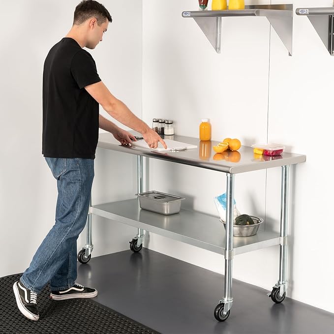 HARDURA Stainless Steel Table with Wheels 30 x 48 Inches Casters NSF Heavy Duty Commercial Work & Prep Table with Undershelf and Galvanized Legs for Restaurant Kitchen Bar and Hotel Garage