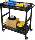 300LBS Heavy Duty Service Utility Cart on Wheels, Metal Rolling Utility Cart with Fences, 2-Tier Service Carts for Garage Garden Warehouse Tool House, Black, 360° Swivel, Ergonomic Handle, Sturdy
