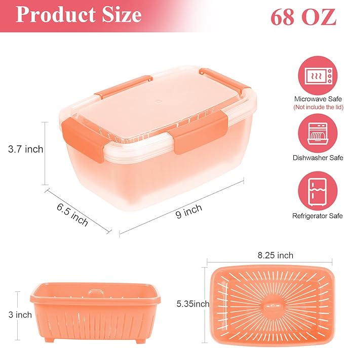 68oz Berry Keeper Fruit Storage Container for Fridge, Fresh Food Produce Saver Containers with Removable Drain Colander, Vegetable Lettuce Keeper Bowl, Refrigerator Organizer, PRESS TO OPEN CLOSE LID