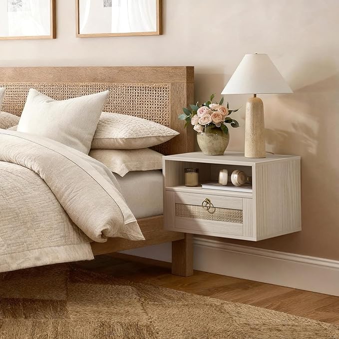 Floating Nightstand with Drawer for Wall Mounted Hanging Rattan Night Stand Bed Side Tables Wooden End Table Small Boho Dressers Farmhouse Shelves for Bedroom