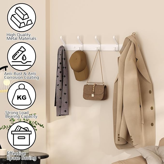 Coat Rack Wall Mount,17.3 in Wall Hooks for Hanging, Coat Hanger Wall Mount Towel Rack Hat Rack for Wall with 5 Hooks for Entryway, Bedroom, Bathroom (White,5Hooks-2Pack)