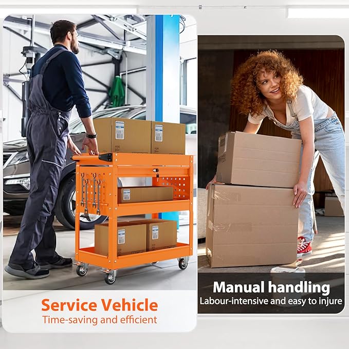 3 Tier Rolling Tool Cart with Drawers, Heavy Duty Utility Cart on Wheels, Large Storage Capability Service Cart for Garage, Warehouse and Repair Shop (Orange)
