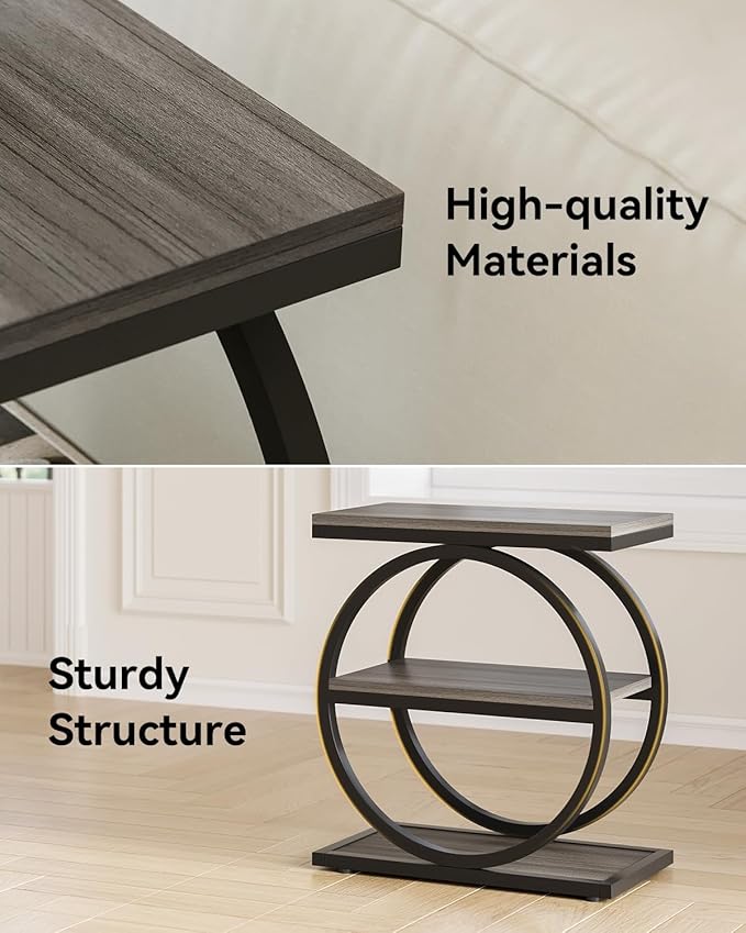 LITTLE TREE End Table Set 2, Side Table with 3 Tiers Shelves, Slim Sofa Side Table for Living Room, Tall Bedside Table Nightstand for Bedroom, Grey and Black