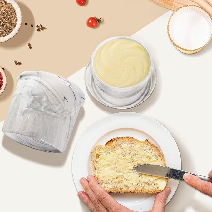 Ceramic Butter Crock with Lid & Spreader Knife, Butter Keeper - Ideal Butter Storage & Countertop Butter Dish, Marble White