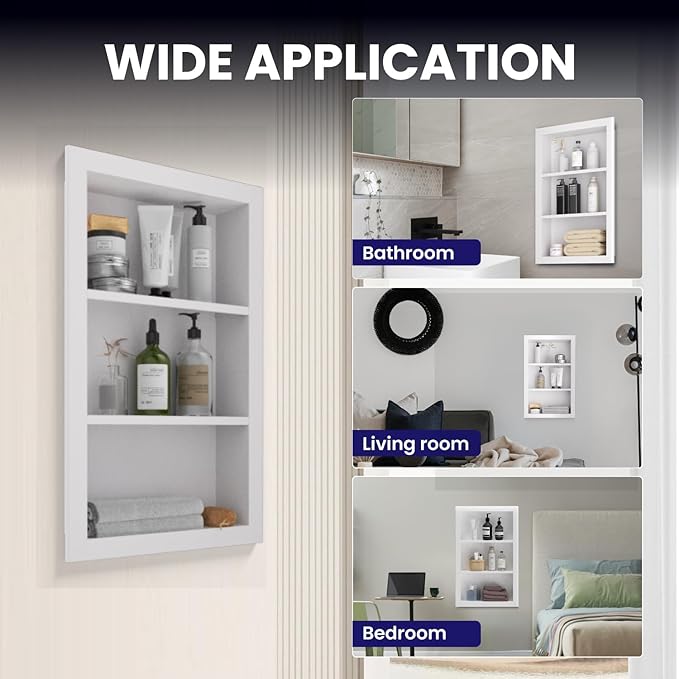 14" x 24" Stainless Steel Shower Niche, 3-Tier Waterproof Shelves, No-Tile Needed Bathroom Organizer, Rustproof Wall Shelf for Shampoo, Soap & Toiletries, White