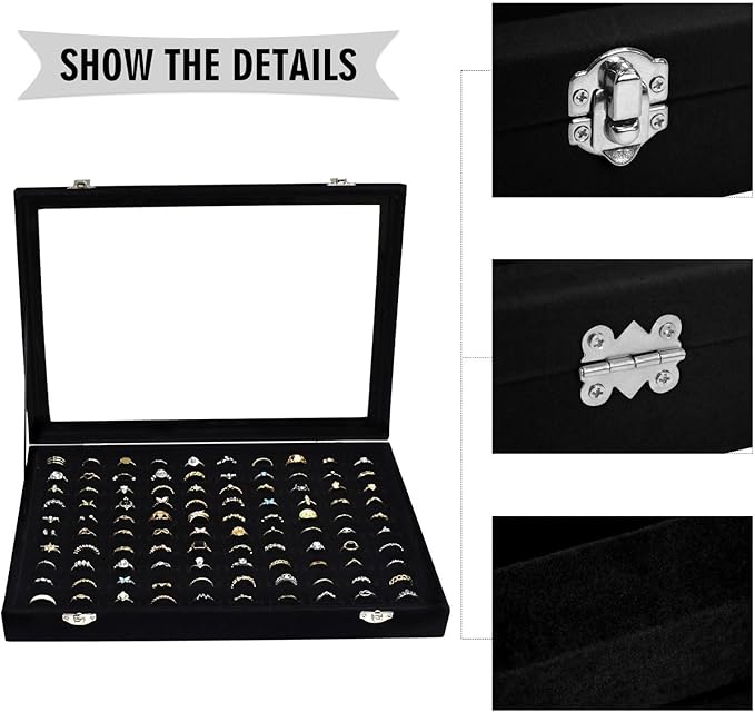 Velvet Ring Display Tray Organizer Box with Transparent Lid, 100 Slot Ring Holder Showcase For Store Display Jewelry Show Home, Ring Organizer For Rings Earrings (Black)