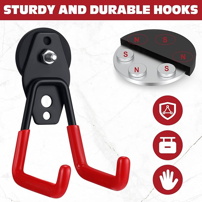 Landhoow Large Magnetic Hooks Heavy Duty Garage Magnet Hooks Strong Storage Utility Magnetic Hangers with Anti Slip Rubber Coating for Indoor and Outdoor Hanging(Red,14 Pcs)