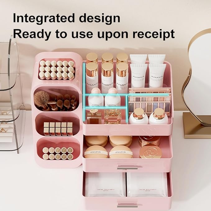 Makeup Organizer with Drawers,Large Capacity Countertop Organizer for Vanity,Bathroom and Bedroom Desk Cosmetics Organizer,Easy To Storage Skincare,Brushes,Lotions,Lipstick (All Pink)