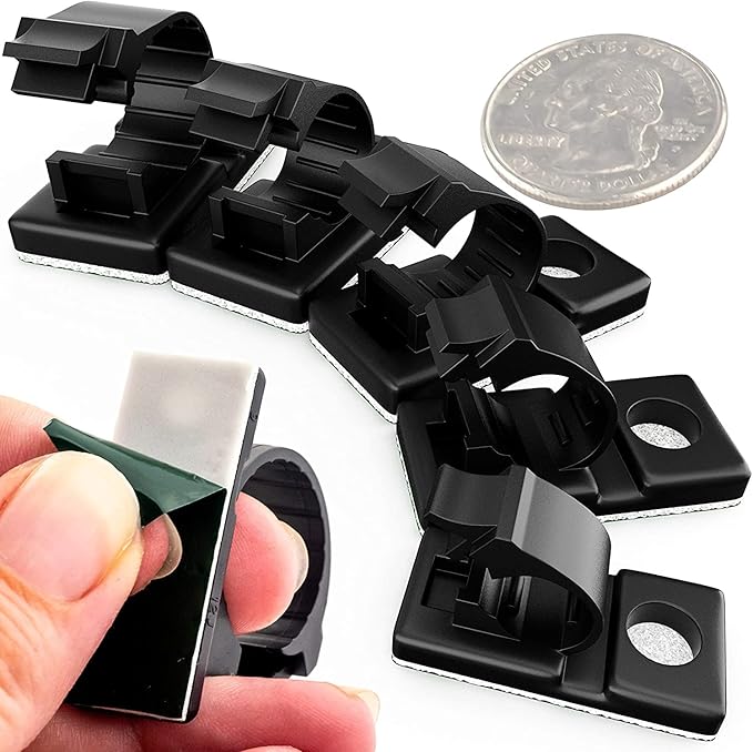 Pro-Grade, Adhesive-Backed Cable Clamps. Multi-Size Set of 20x 4, 6, 8, 10 and 12 mm Black Clips - Wire Management, Cord Organization - Home and Office Tools-Free Install (100 Pk)