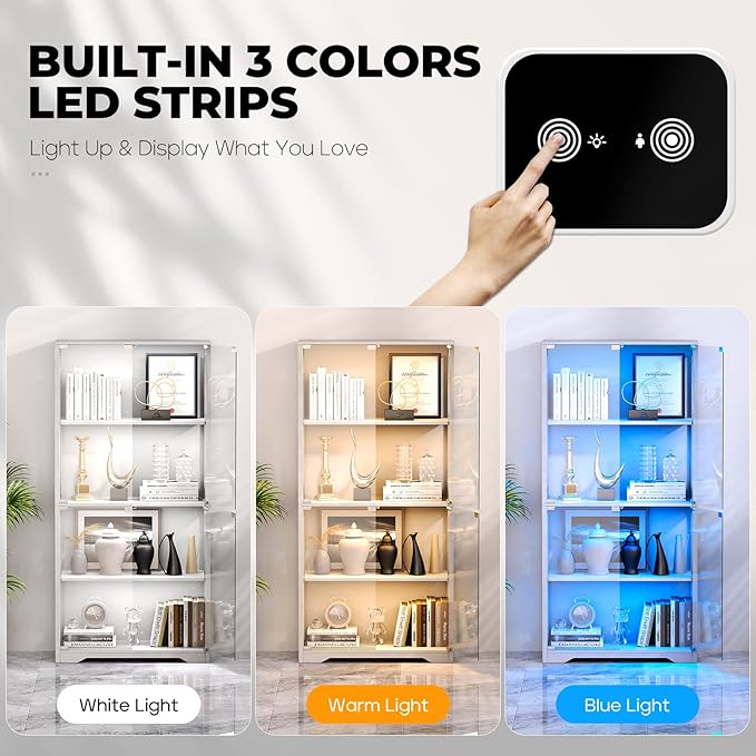 Display Cabinet with Glass Doors, 4-Tier Curio Cabinet with 3 Color Lights for Collectibles, Glass Display Case with Human Body Sensor, Bookcase with 4 Shelves, Storage Cabinets, White