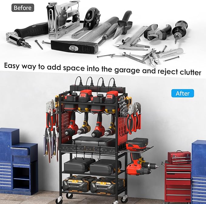 CCCEI Power Tool Organizer Cart with Charging Station, Garage Floor Rolling Storage Cart on Wheels for Mechanic, Mobile 6 Drill, Tool Box Utility Cart with Battery Charging Power Strip, Red.
