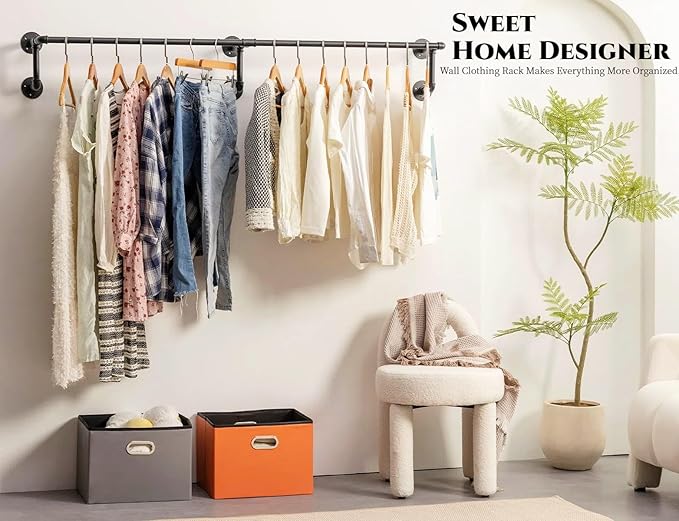 Wall Clothes Rack, Industrial Pipe Clothing Rack for Hanging Clothes, Wall Mounted Heavy Duty Space Saving Garment Racks, Multi-Purpose Clothing Hanging Rods for Closet Storage, Black