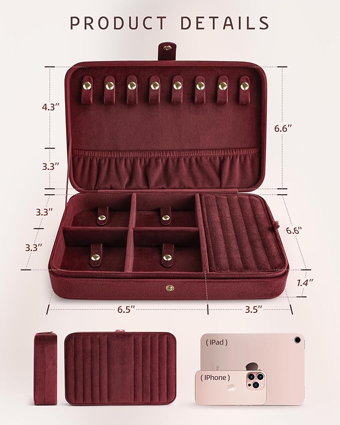 VELORIA Jewelry Box, Premium Velvet Travel Jewelry Organizers And Storage, Dust-Proof, Scratch-Resistant Jewelry Case for Necklaces Bracelets Bangle, Portable Luxury Gift for Women & Girls (Dark Red)