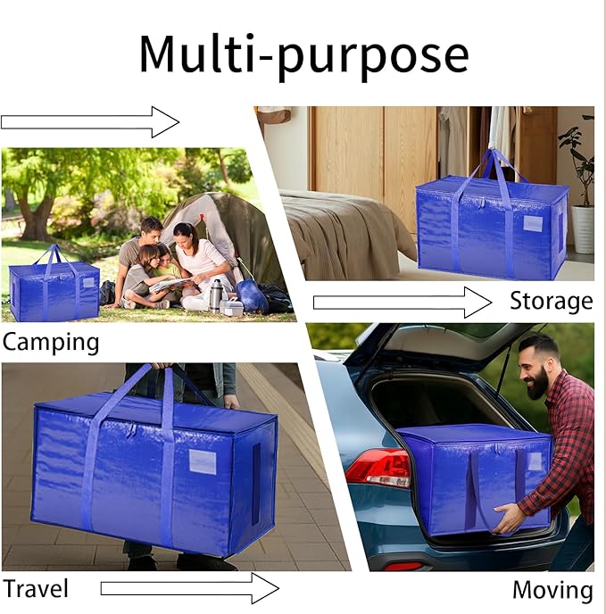8 Pack-Extra Large Heavy Duty Moving Bags - Waterproof Storage Totes with Handles & Zippers, Foldable for College Dorm, Storage (Blue)