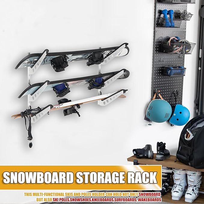 Snowboard Wall Racks, Adjustable Storage Rack for Ski, Surfboard, Wakeboard, Snowboard Wall Mount Display, White/Black