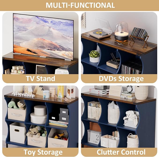 6 Cube Storage Shelf Organizer, Low Book Shelf Bookcase Entryway Table, Wood Closet Storage Display Cabinet TV Stand for Living Room, Office,Bedroom, Dorm, Blue with Natural Top