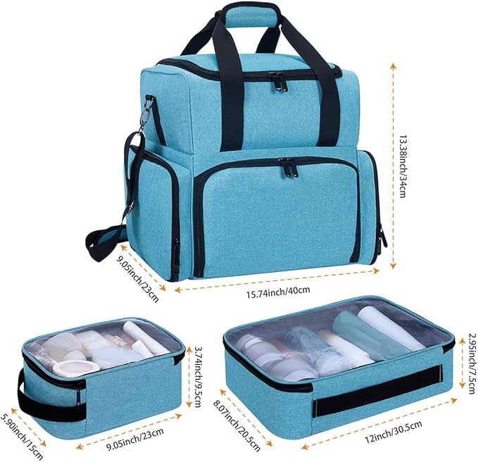 Large Makeup Cosmetic Bag with 3 Removable Case and 2 Removable Dividers Double Layer Travel Storage Organizer, Makeup Brushes Storage Section Lake Green