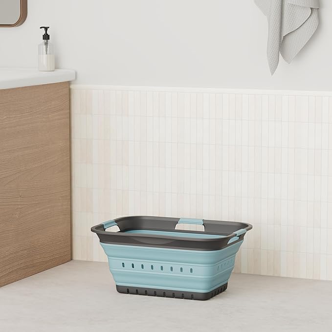 SAMMART 42L (11 gallon) Collapsible Plastic Laundry Basket - Foldable Pop Up Storage Container/Organizer - Space Saving Hamper/Basket (1, Grey/Sea Angel)