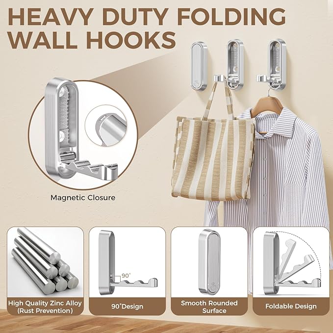 4-Pack Heavy Duty Zinc Alloy Folding Wall Hooks for Bathroom, Kitchen, Entryway, Closet - Space-Saving Design Holds Coats, Towels, Backpacks, Hats, Keys (Silver)