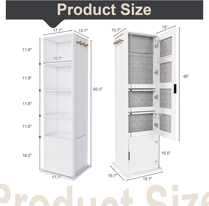 Montary 360° Rotating Makeup & Jewelry Cabinet with Full-Length Mirror - Standing Storage Organizer with Coat Rack, 4-Tier Open & Built-in Shelves, White