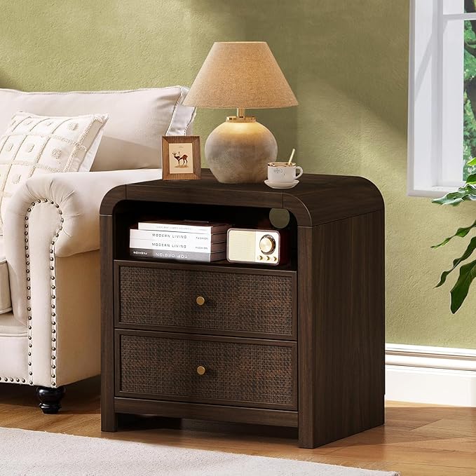 Oak&Sparrow 2 Drawer Tall Dresser for Bedroom, 23.6'' Rattan Dresser with Ample Storage, Boho Chest of Drawers, Thickened Curved Profile Design, Dark Walnut Dressers for Bedroom, Living Room