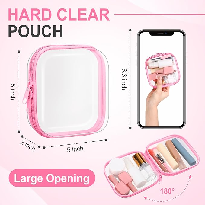 Sanwuta 6 Pcs Clear Hard Zipper Case Hard Plastic Zipper Pouches Transparent Makeup Bag Pencil Pouches for Travel Snacks Christmas Trinket Storage Organizer Box(Pink,5 x 5 x 2 Inch)