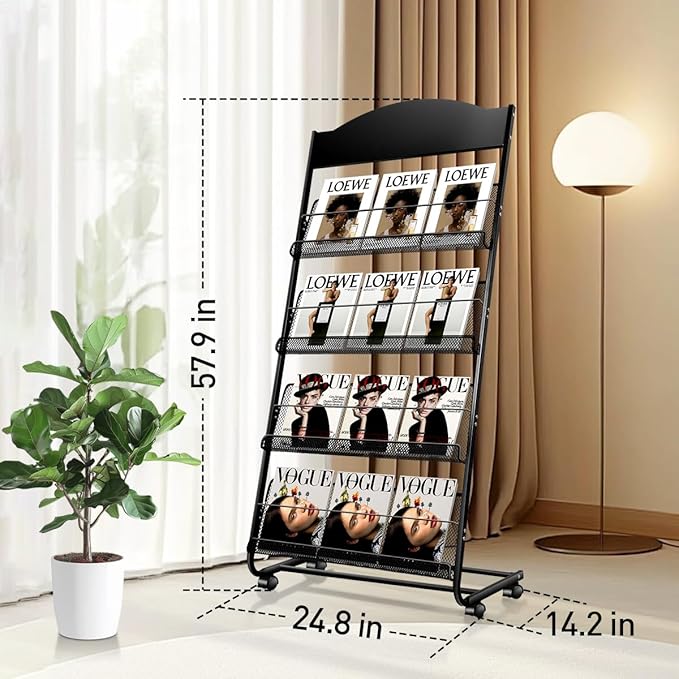 Floor-Standing Magazine Rack, 4-Layer Brochure Display Stand Tiered Design Magazine Stand Detachable Magazine Display with Casters for Exhibitions, Shopping Malls, Hospitals, Offices