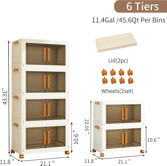 Plastic Stackable Storage Bins with 2 Lids and Wheels, Foldable Closet Organizers and Storage Containers, Collapsible Clear Drawer Storage Cabinet with Doors Ivory White 273.6 QT