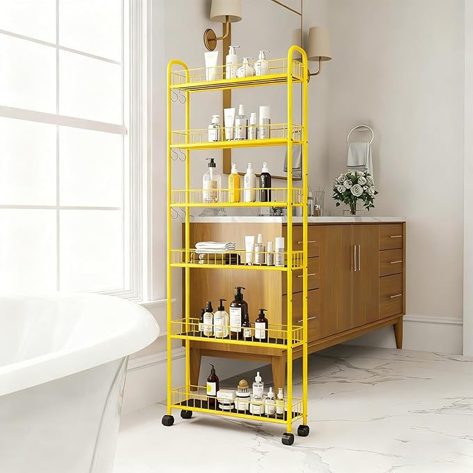 6-Tier Slim Storage Cart with Wheels,6in Narrow Rolling Shelf,Sturdy Slim Storage Ideal for Kitchen, Bathroom, and Laundry Room, Yellow
