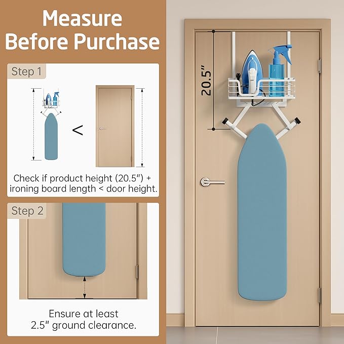 KES Ironing Board Hanger, Over The Door Ironing Board Holder Door Mount with Storage Shelf Y and T Shaped Fits for 1 3/4 Doors White, HIR501B-WH