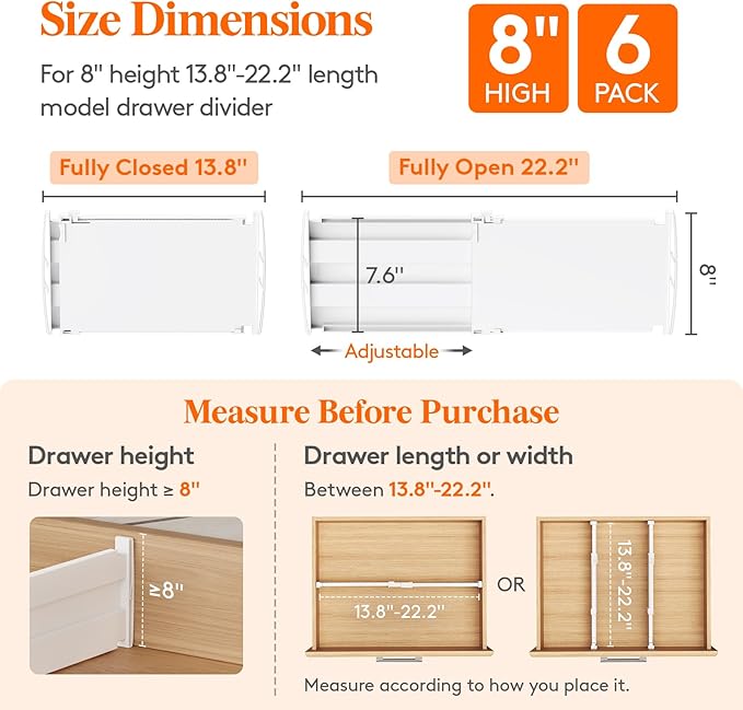 Lifewit 8" High 6 Pack Deep Drawer Dividers, 13.8-22.5" Adjustable Dresser Drawer Divider, White Drawer Organizer for Clothes, Tall Drawers Separators for Dresser, Kitchen, Bedroom, Cabinet, Office