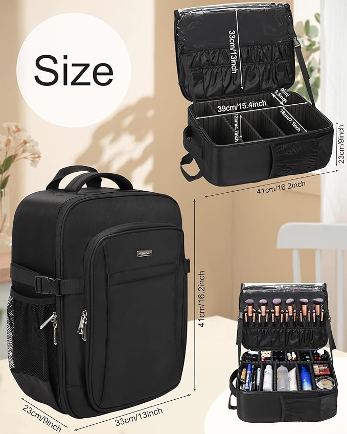 Relavel Professional Makeup Case Backpack and Large Clear Makeup Bag for Makeup Artists, Makeup Kit Set Bag, Durable Water-resistant Material, with Shoulder Strap and Adjustable Dividers