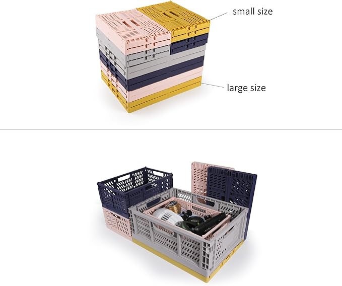 Domiella 2-Pack Crates for Storage, Storage Crates Plastic Stackable, Foldable Crate for Office Home Kitchen Bedroom Bathroom (Small, Gray)