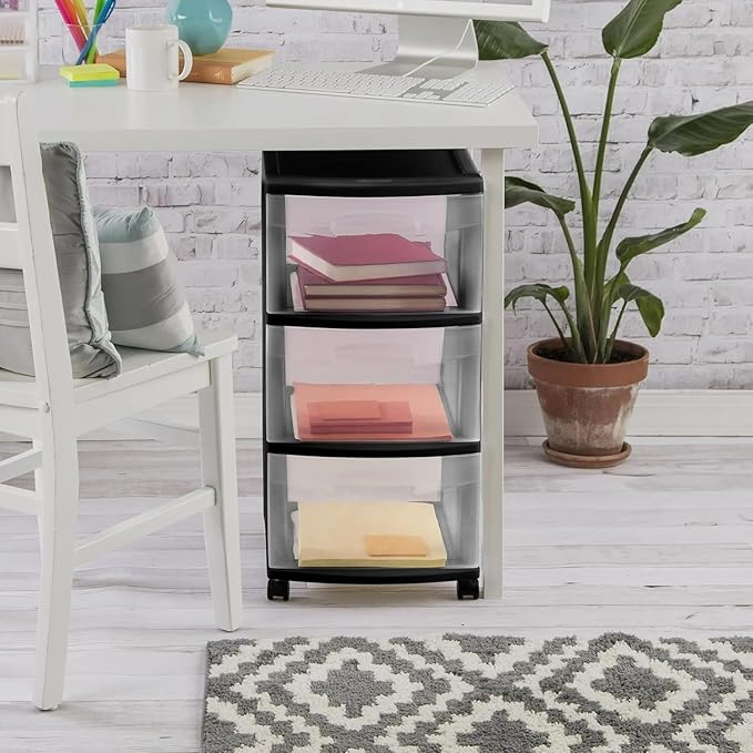 3-Drawer Plastic Cart with Clear Drawers & Removable Wheels - Space-Saving Home/Office/Dorm Organizer for Craft Supplies, Office Essentials & Bedroom Items (Black)