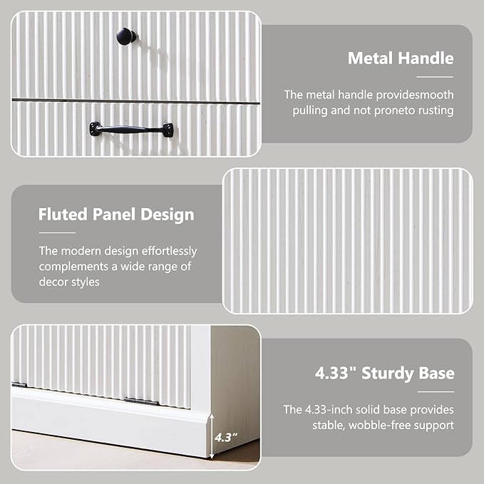 Modern Double Tilt-Out Laundry Hamper Cabinet, 20 Gallon Fluted Trash Can Cabinet w/2 Drawers, Wooden Hidden Garbage Can Cabinets with Laundry Basket, for Bathroom and Kitchen, Antique White