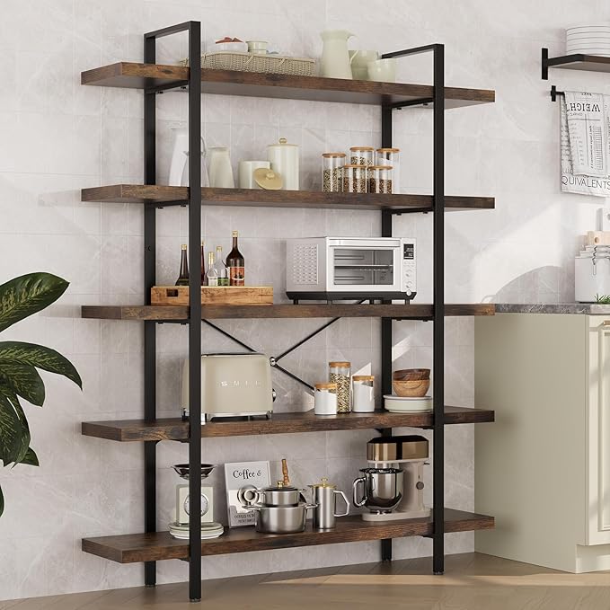 Bookshelf Set of 2, Heavy Duty 5-Tier Industrial Bookcase, 47" Wide Wood Bookshelf for Home Office, 120lbs Shelf Capacity, Rustic Open Display with Horizontal Shelf for Living Room Bedroom