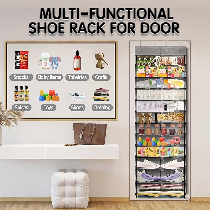 Over The Door Shoe Organizer with 12 Large Breathable Pockets - Sturdy Hanging Storage for Shoes of All Ages - Gray