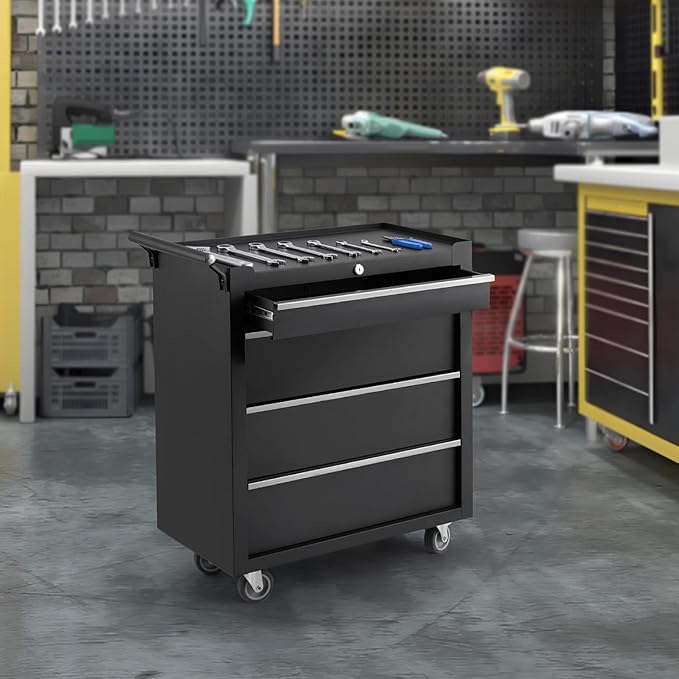 IDEALHOUSE Rolling Tool Chest, 4 Drawers Tool Storage Cabinet, Toolbox with Wheels, Portable Tool Cabinet Organizer with Locking System & Drawer Liners, Tool Storage Cart for Garage, Workshop, Black