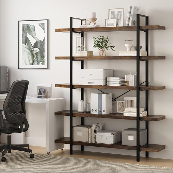 Bookshelf Set of 2, Heavy Duty 5-Tier Industrial Bookcase, 47" Wide Wood Bookshelf for Home Office, 120lbs Shelf Capacity, Rustic Open Display with Horizontal Shelf for Living Room Bedroom
