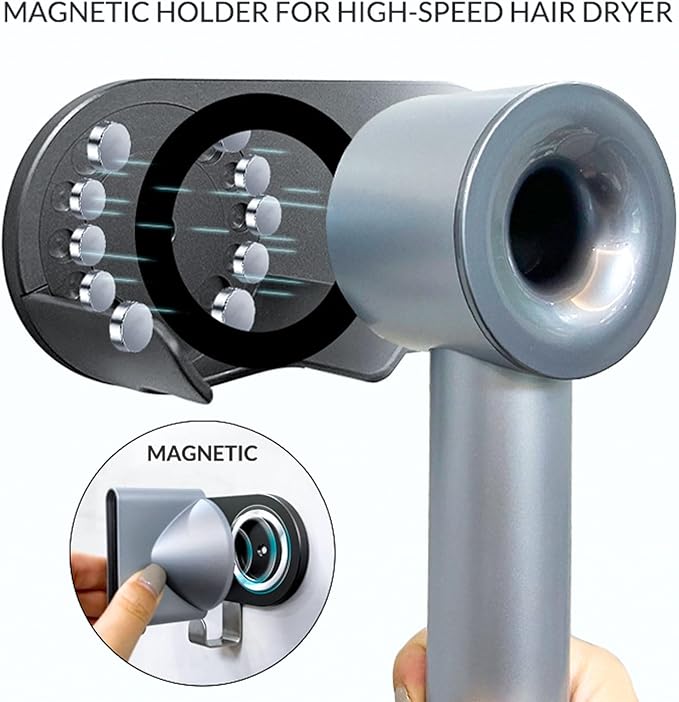 simpletome Hair Dryer Holder Wall Mount for All Magnetic High Speed Blow Dryer with Plug Cord Organizer Hook (ABS Plastic, Grey)