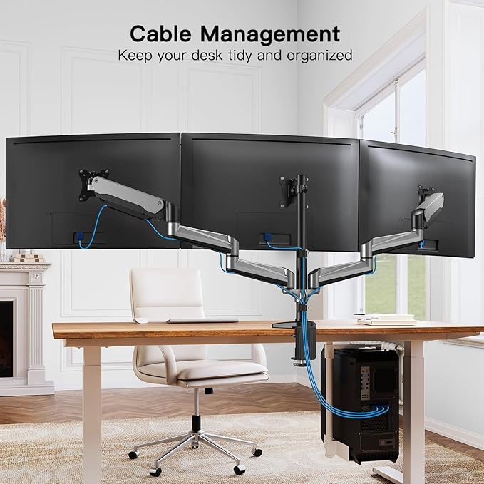 HUANUO Triple Monitor Stand - Full Motion Articulating Monitor Mount Fit Three 17 to 32 inch Flat/Curved LCD Computer Screens with Clamp, Grommet Kit, Silver
