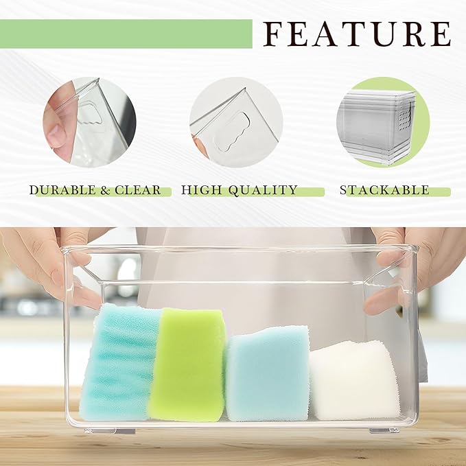 4 Pack Clear Plastic Storage Bins with Handles, Stackable Pantry Fridge Cabinet Under Sink Organizers and Storage, Multi-use Large Home Kitchen Bathroom Organization for Shelf Closet Drawer
